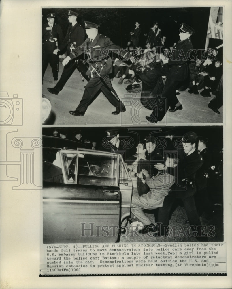 1962 Press Photo Swedish police remove demonstrators in Stockholm - mjc13930 - Historic Images