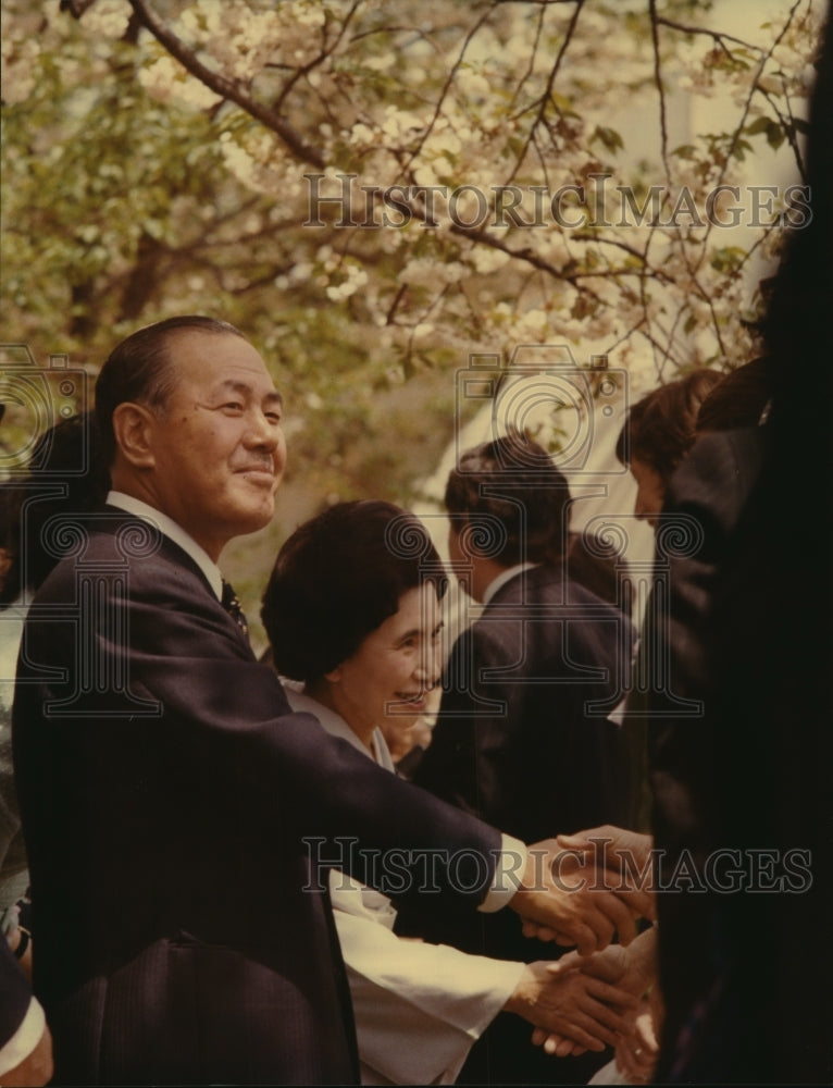 1973, Prime Minister, Mrs. Kakuei Tanaka welcome guests, garden party - Historic Images