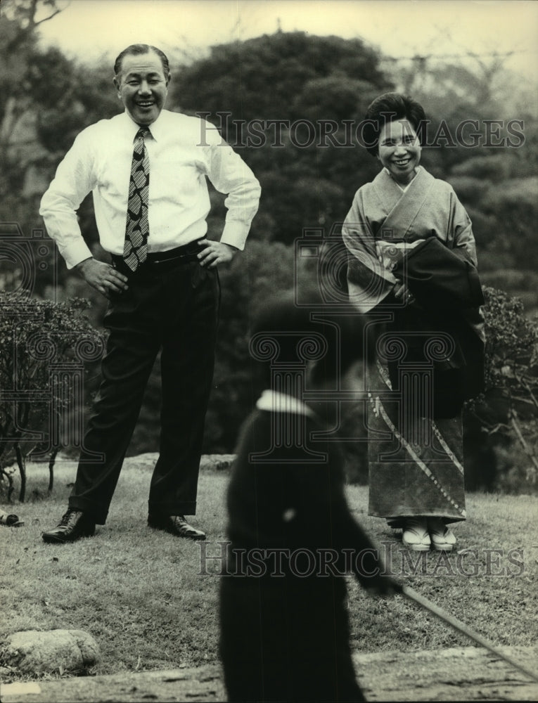 1973, Prime Minster Kakuei Tanaka, wife and grandson at Tokyo home - Historic Images