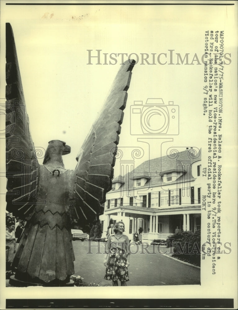 Vice President Rockefeller Rug 1975, Mrs.Rockefeller took reporters on tour of Vice-Presidental home ...