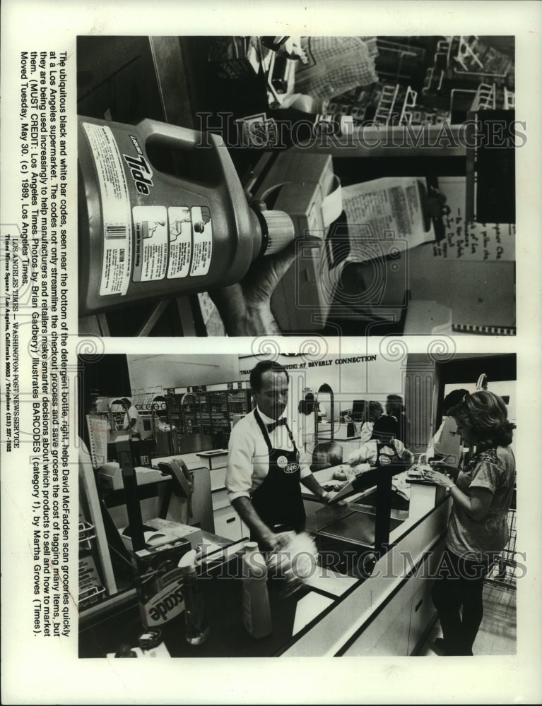 1989, Bar codes on products help grocers track buying trends. - Historic Images