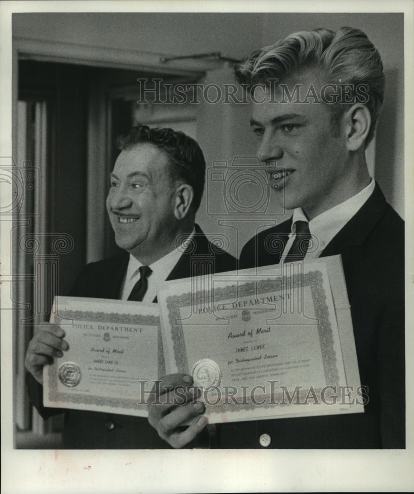 1966, Harry Tann, James Lewek receiving merit awards from police.. - Historic Images
