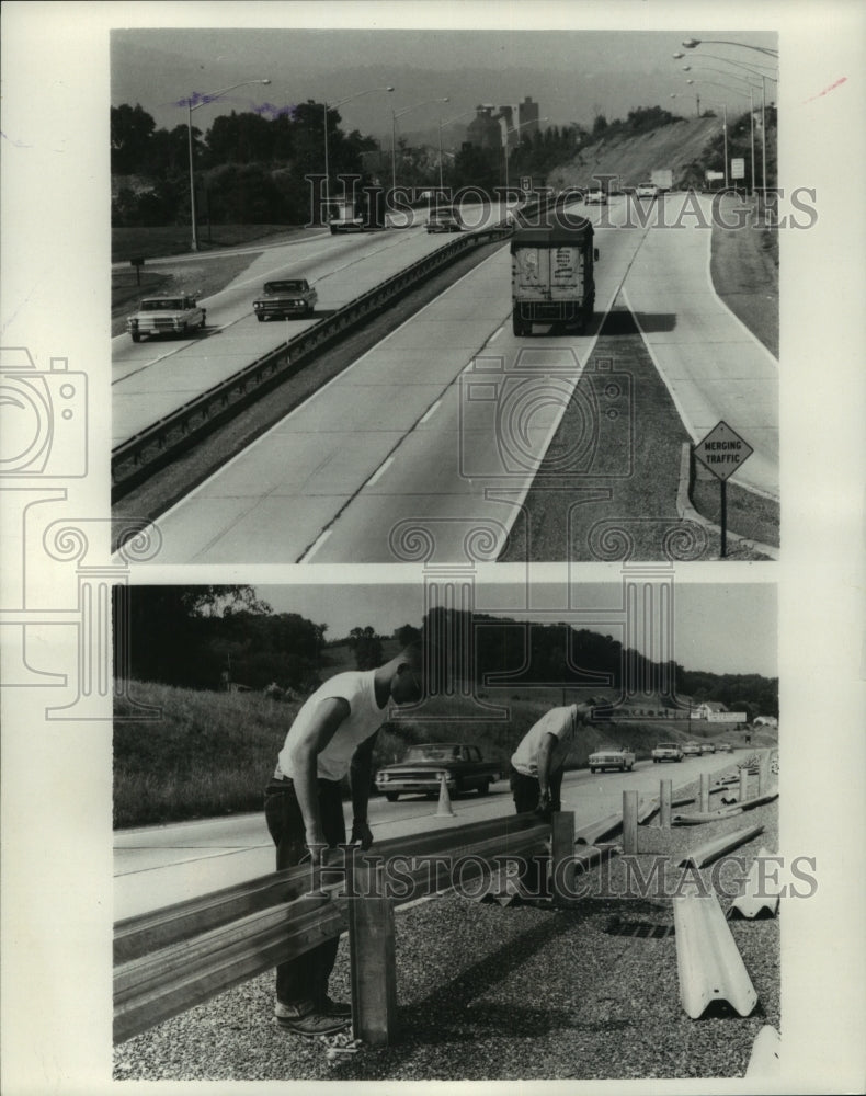1969 Press Photo Pennsylvania turnpike by Harrisburg &amp; workers install guardrail - Historic Images