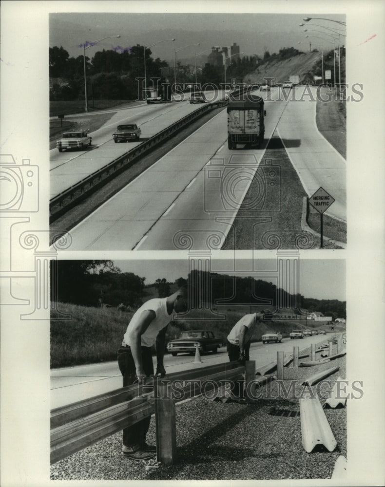 1969 Press Photo Pennsylvania turnpike by Harrisburg & workers install guardrail - Historic Images