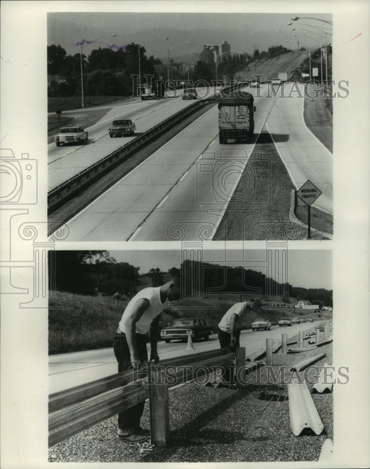1969 Press Photo Pennsylvania turnpike by Harrisburg & workers install guardrail - Historic Images