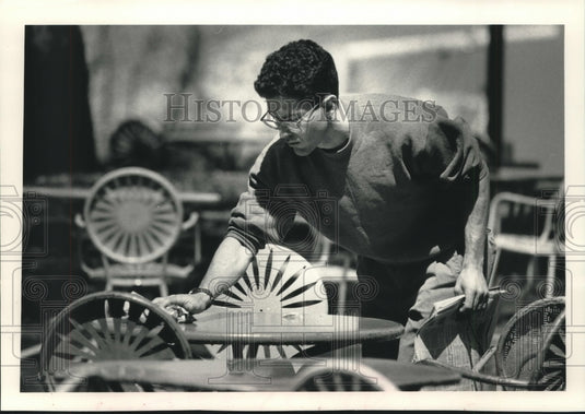 1995, Dan Collins wipes off table at University of Wisconsin Union - Historic Images