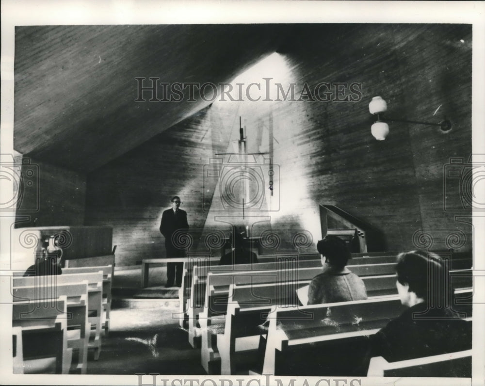 1956, Interior of suburban Stockholm church built from concrete - Historic Images