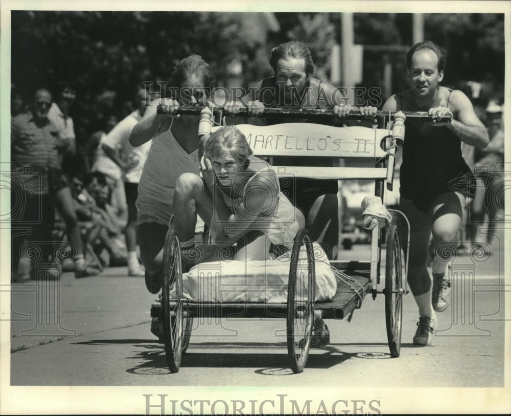 1983 Competitors bed race for part of Fourth of July, Hales Corner. - Historic Images
