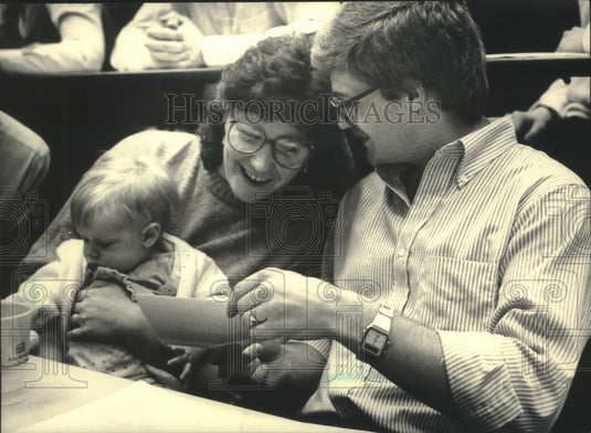 1987 Kim, Larry, Jessica Bertram, celebrate, University of Wisconsin - Historic Images