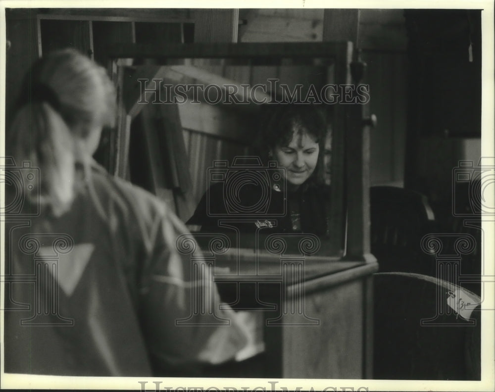 1993 Cindy Praeger&#39;s reflection, University Lake Schools Barn Sale - Historic Images