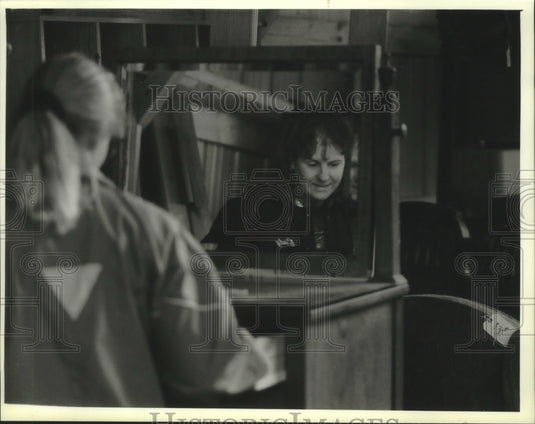 1993 Cindy Praeger's reflection, University Lake Schools Barn Sale - Historic Images