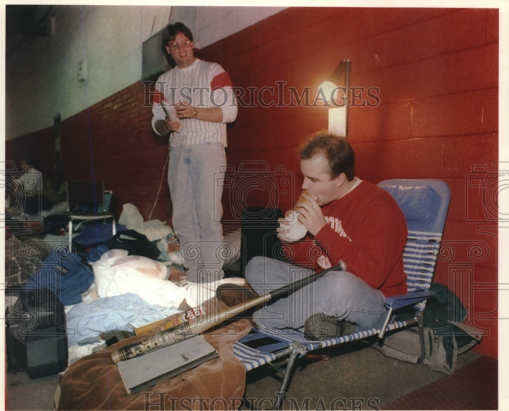 1993 John Payette and Keith VanPay wait in line for Rose Bowl ticket - Historic Images