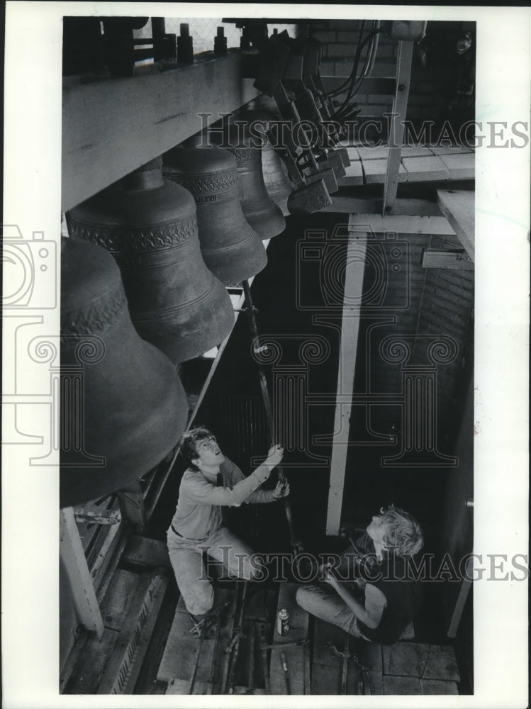 1984 Lads repair carillon at the University of Wisconsin-Madison - Historic Images