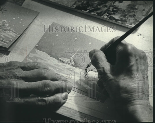 1979, Sister Julia hand paints Christmas card, St. Francis of Assisi - Historic Images