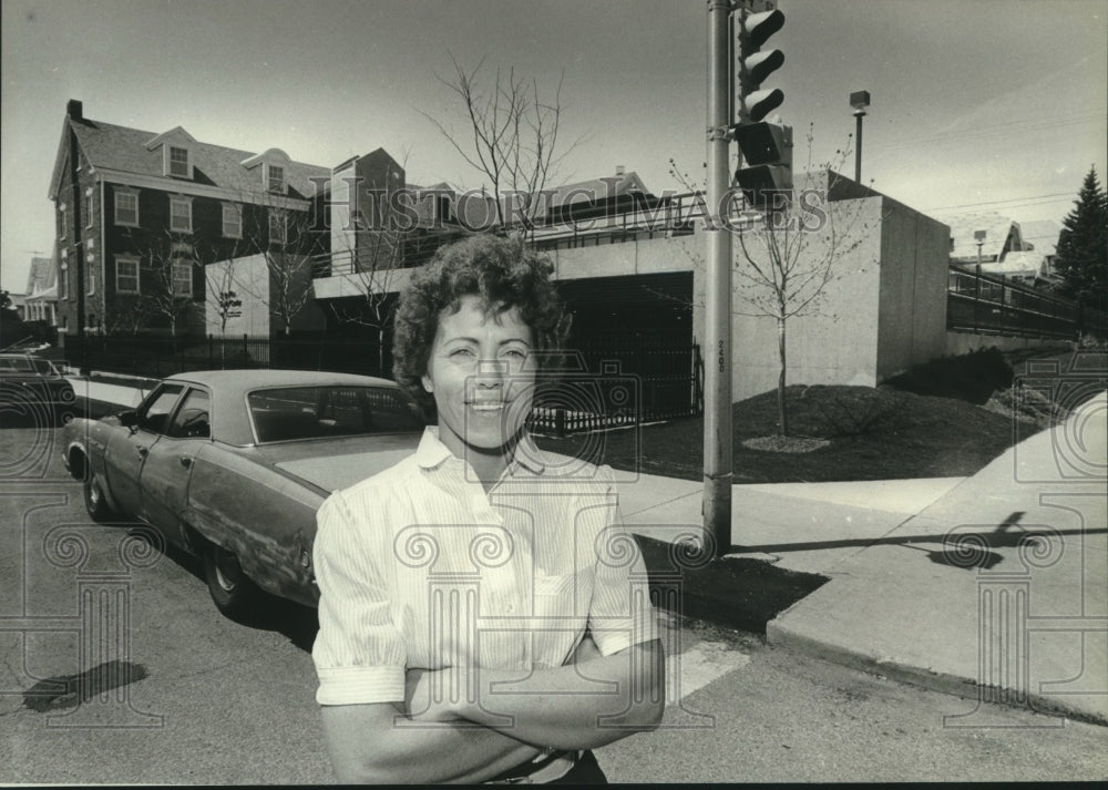 1986, Mary Gissal in front of Sixty-Plus Senior Center addition - Historic Images
