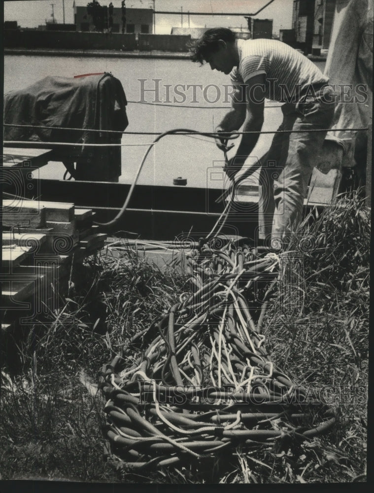 1955 Press Photo Diver James Mauch arranging air hoses on shore, Wisconsin-Historic Images