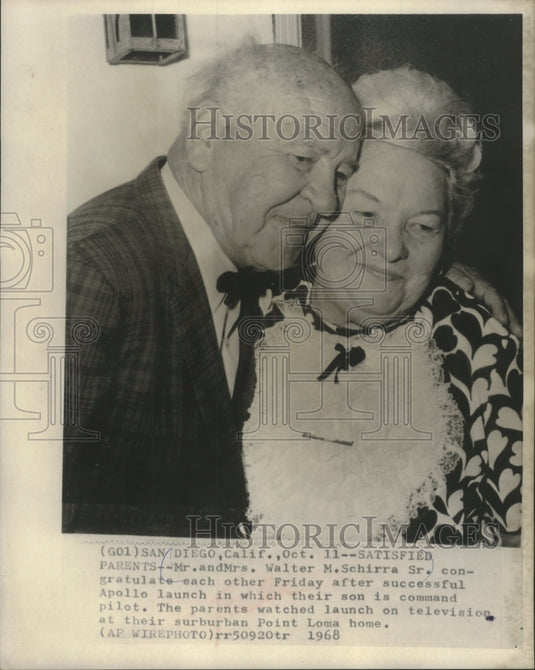 1968 Press Photo Mr. & Mrs. Walter Schirra Sr. are happy after Apollo launch - Historic Images