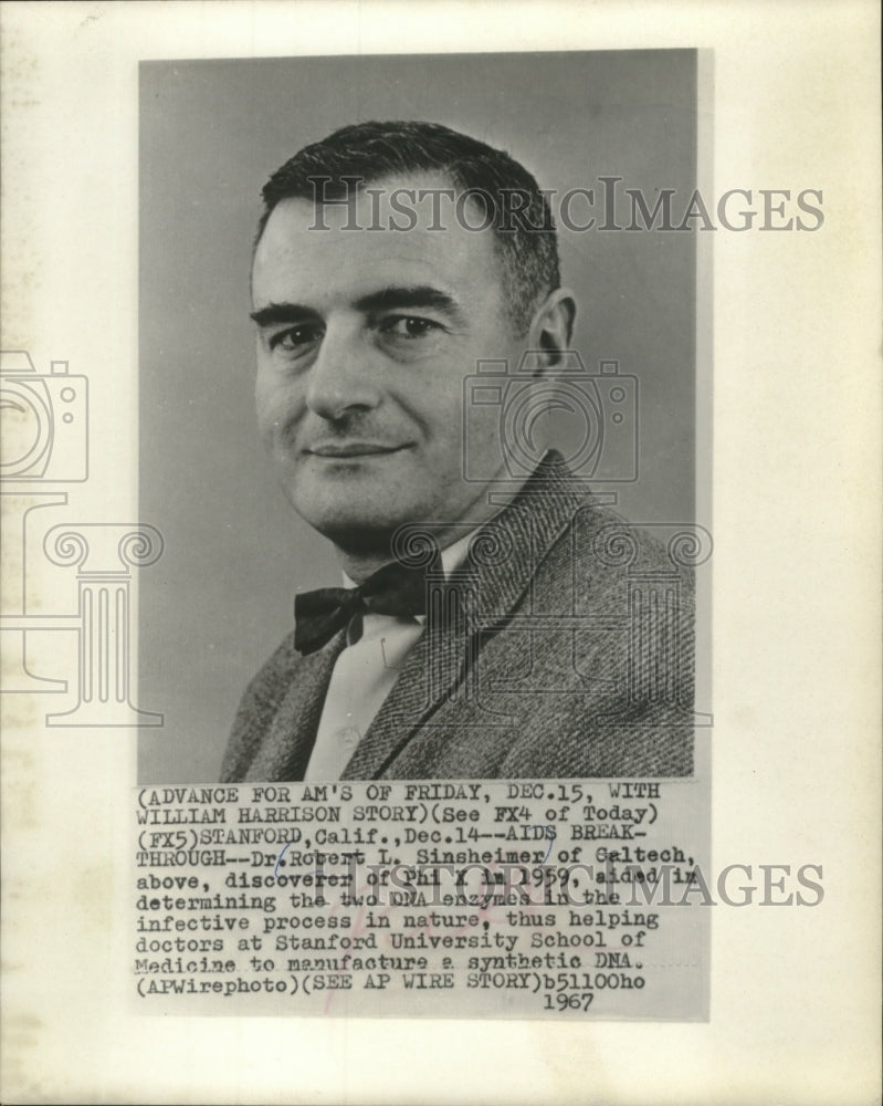 1967 Press Photo Dr. Robert L. Sinsheimer of Caltech, discoverer of Phi X - Historic Images