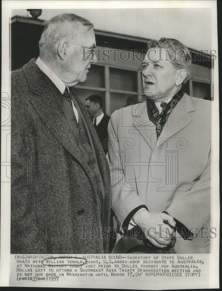 1957 Press Photo Secretary of State Dulles chats with William Sebald - mjc17129 - Historic Images