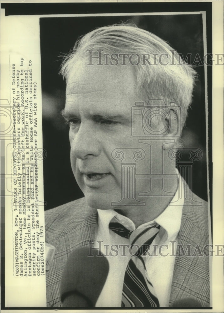 1975, James Schlesinger, speaking to reporters outside home, Virginia - Historic Images