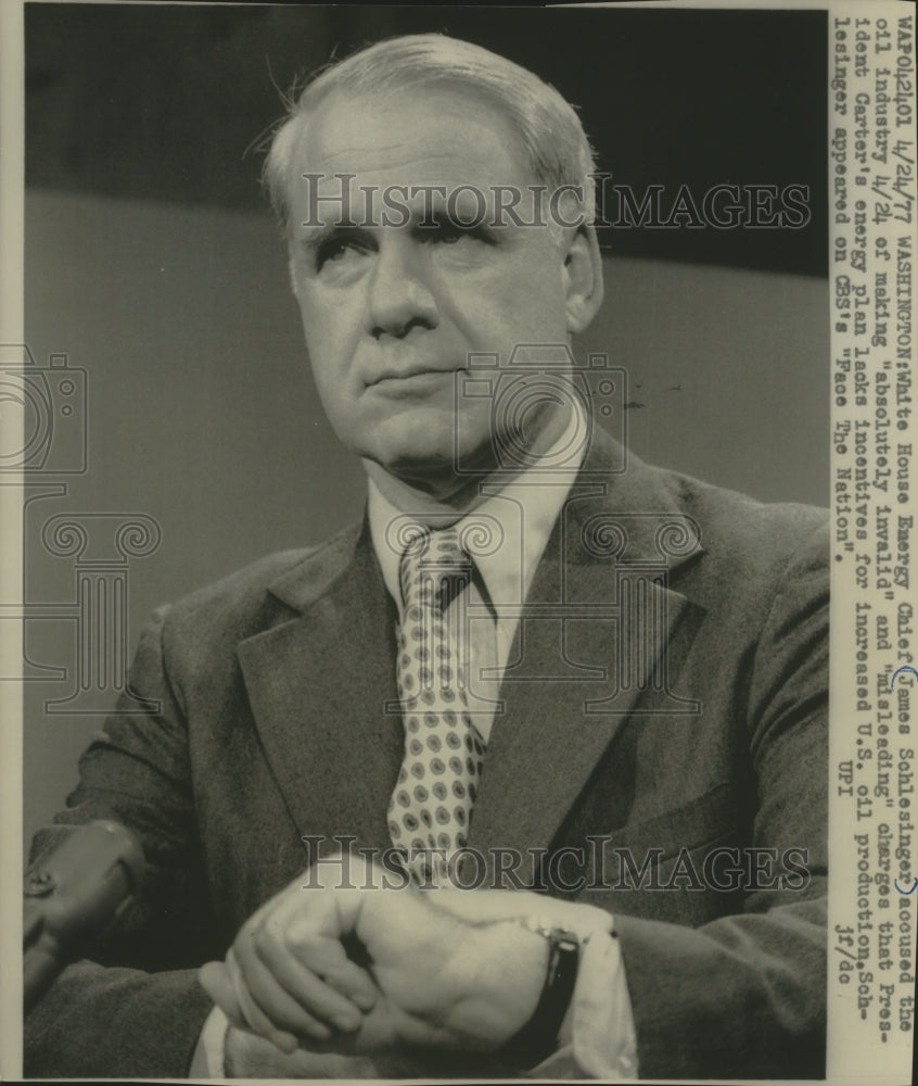 1977 Press Photo James Schlesinger, appearing CBS&#39;s Face the Nation, Washington. - Historic Images
