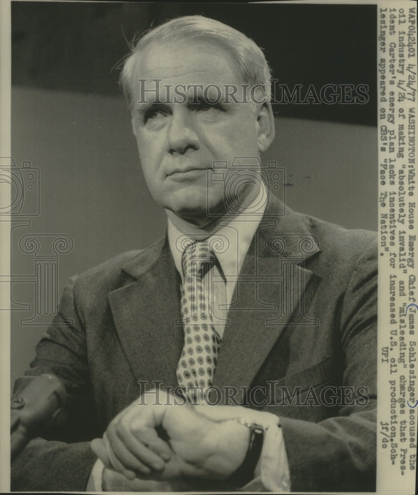 1977 Press Photo James Schlesinger, appearing CBS's Face the Nation, Washington. - Historic Images