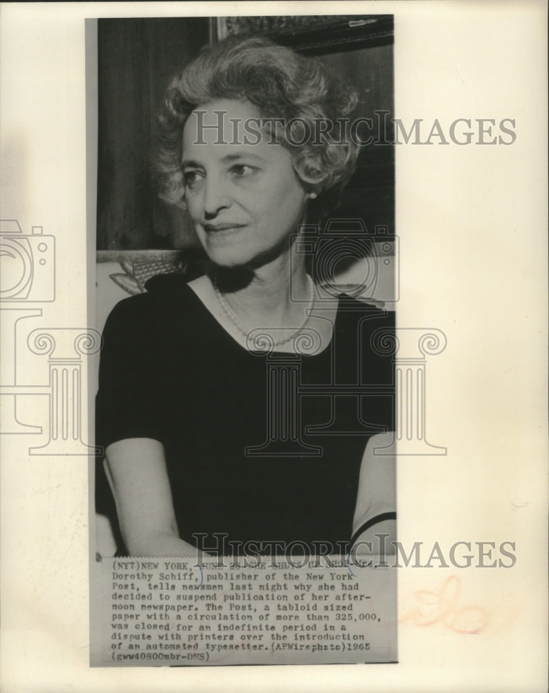 1965 Press Photo Dorothy Schiff , Publisher of the New York Post in New York - Historic Images