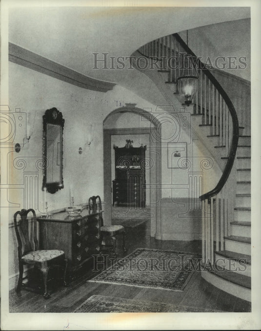 1956 Press Photo Stanley Stone home stairway & antique furniture, Wisconsin - Historic Images