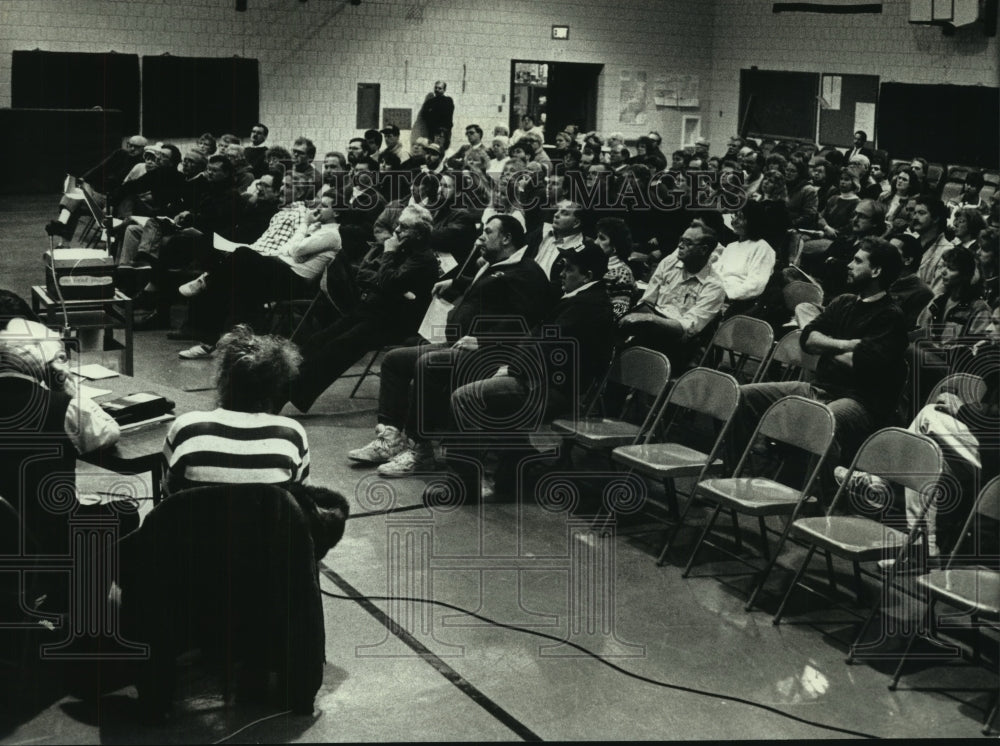 1993, Residents in the Stone Bank School gym for meeting Wisconsin - Historic Images