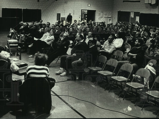 1993, Residents in the Stone Bank School gym for meeting Wisconsin - Historic Images