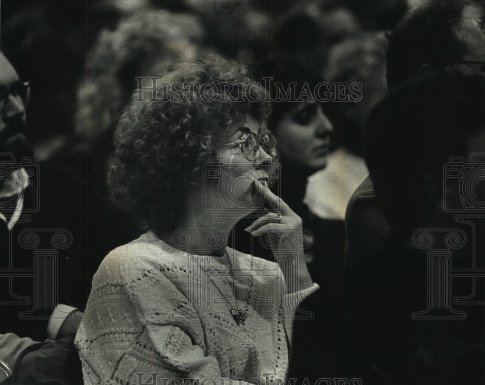 1993, Marolyn Meyer listens to Kevin Arnold in Stone Bank, Wisconsin - Historic Images