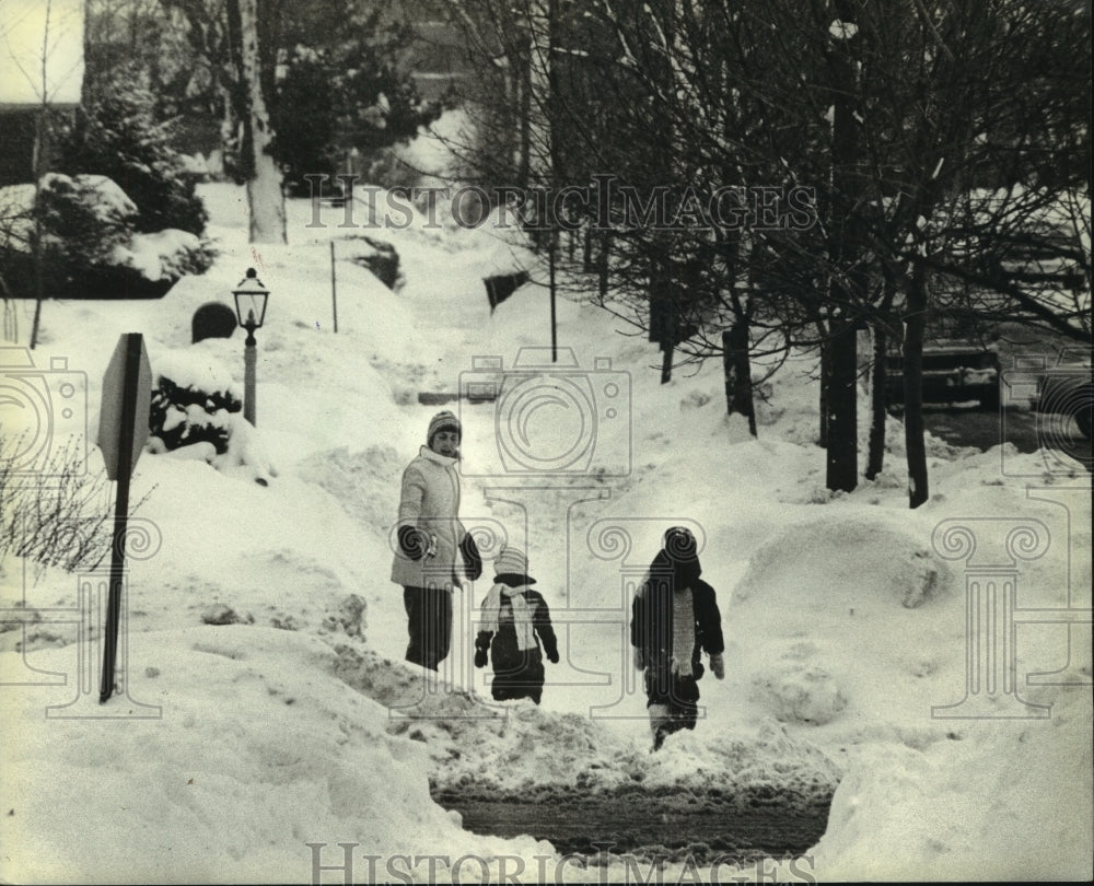 1982 People play in snow covered walks on Murray Avenue, Milwaukee - Historic Images