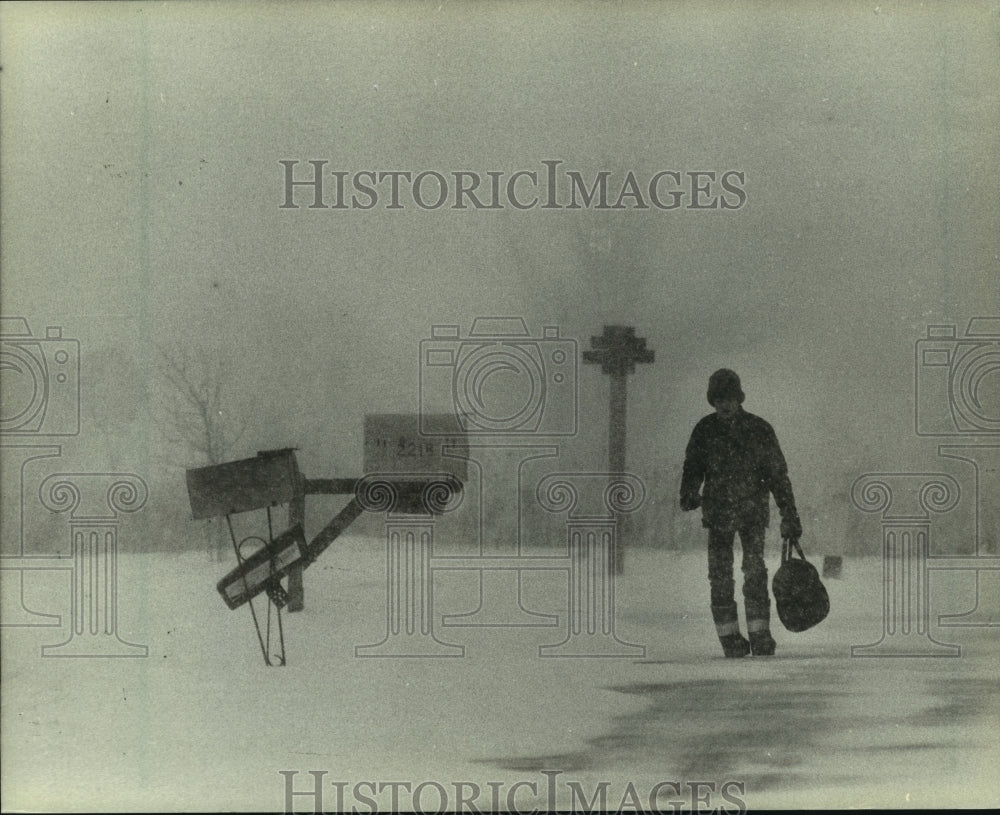 1982 Press Photo Young lad trudging to bus stop in snow during Wisconsin storm - Historic Images