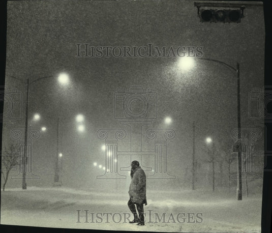 1982, Pedestrian walking in the snow, Milwaukee, Wisconsin - Historic Images
