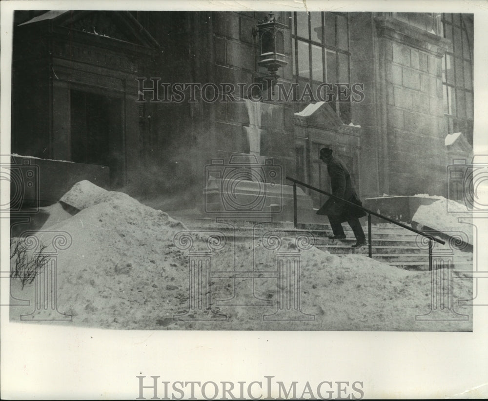 1962, Swirling snow above the steps of the courthouse, Wisconsin - Historic Images