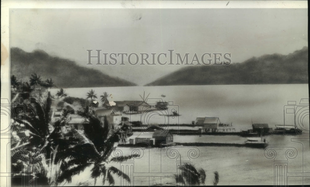 1942, Palm fringed Tulagi harbor in the Solomon Islands - mjc18465 - Historic Images