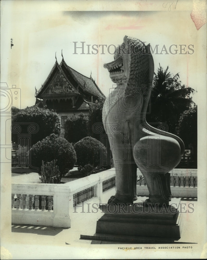 1969 Press Photo A lion marble statue guards a temple in Bangkok, Thailand- Historic Images