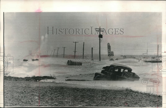 1981 Truck & car trapped in Freeport, Texas during Hurricane Carla - Historic Images