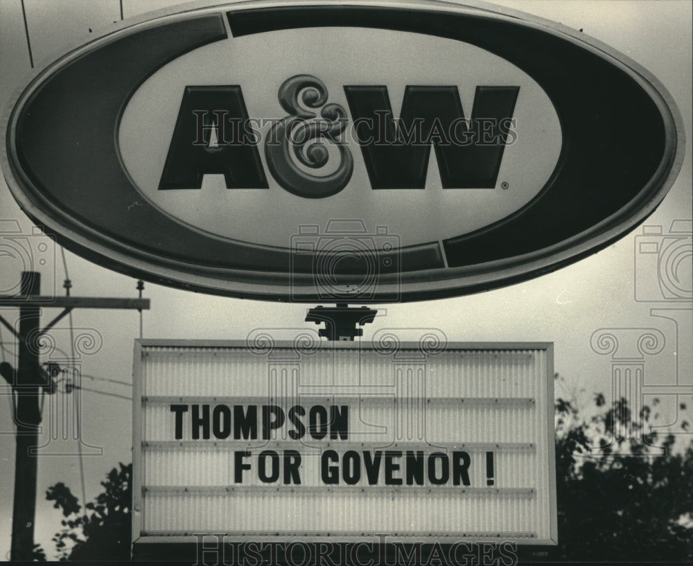 1986, Candidate for Governor Tommy Thompson&#39;s Name on Drive-In Sign - Historic Images