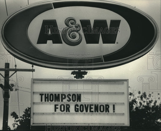 1986, Candidate for Governor Tommy Thompson's Name on Drive-In Sign - Historic Images