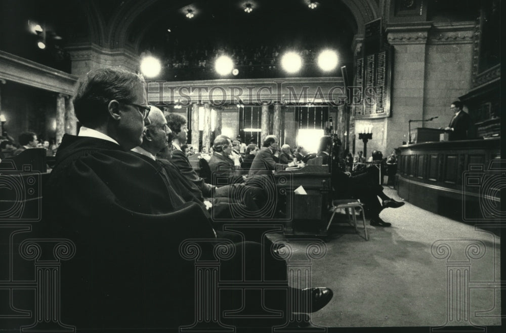 1988, Supreme Court Justices Listen to Governor Tommy Thompson Speak - Historic Images