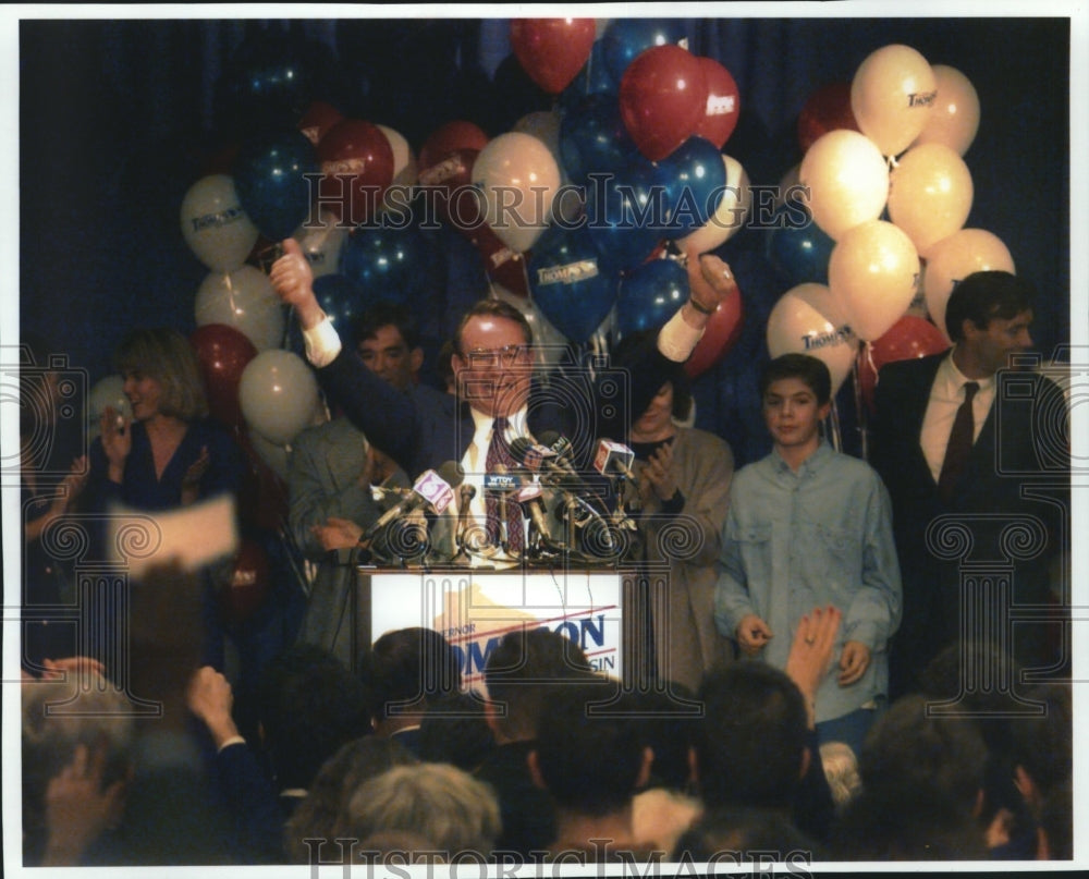1994, Tommy Thompson at Podium With Two Thumbs in the Air at Campaign - Historic Images