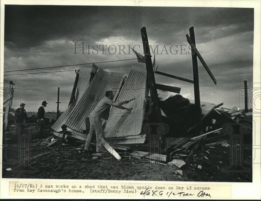 1984, A shed was blown upside down near Kay Cavanaugh's house, Neenah - Historic Images