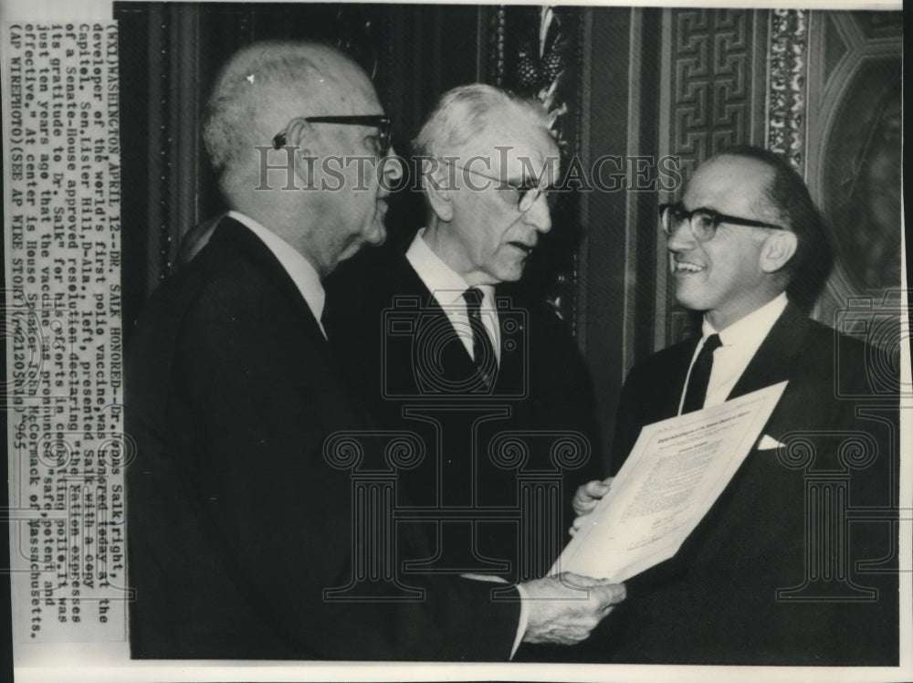 1965, Dr. Jonas Salk honored, Sen. Lister Hill &amp; Sen. John McCormack - Historic Images