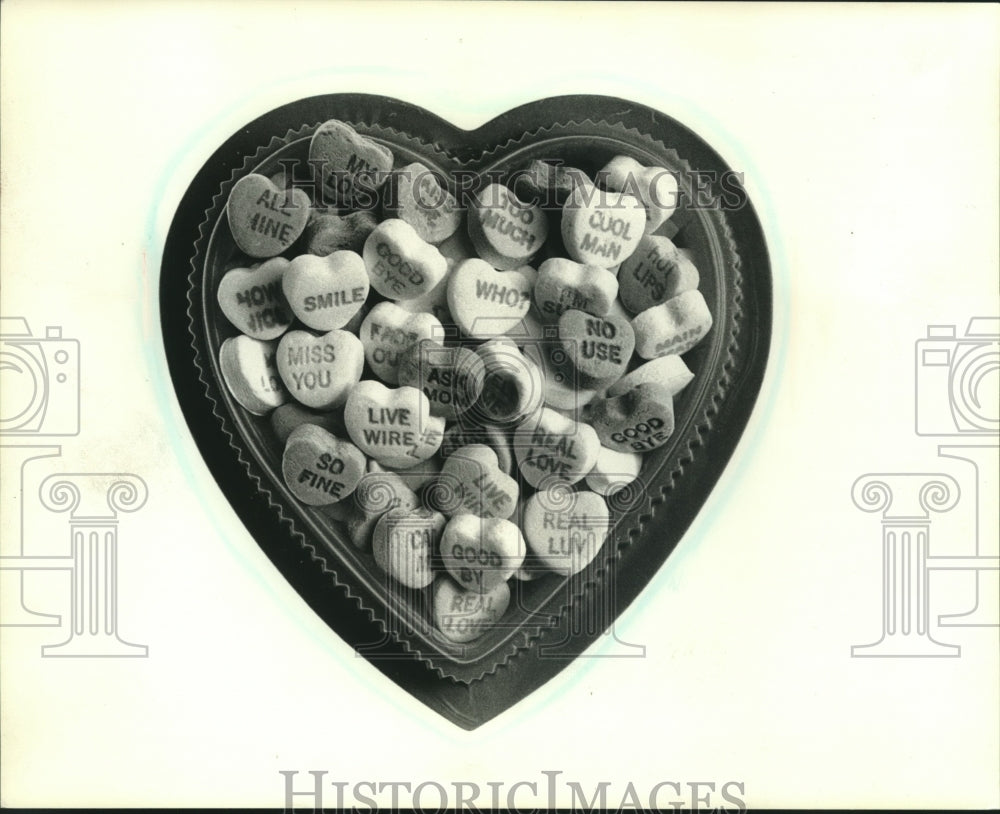 1990 Press Photo Heart-shaped box of candy conversation hearts - mjc19283 - Historic Images