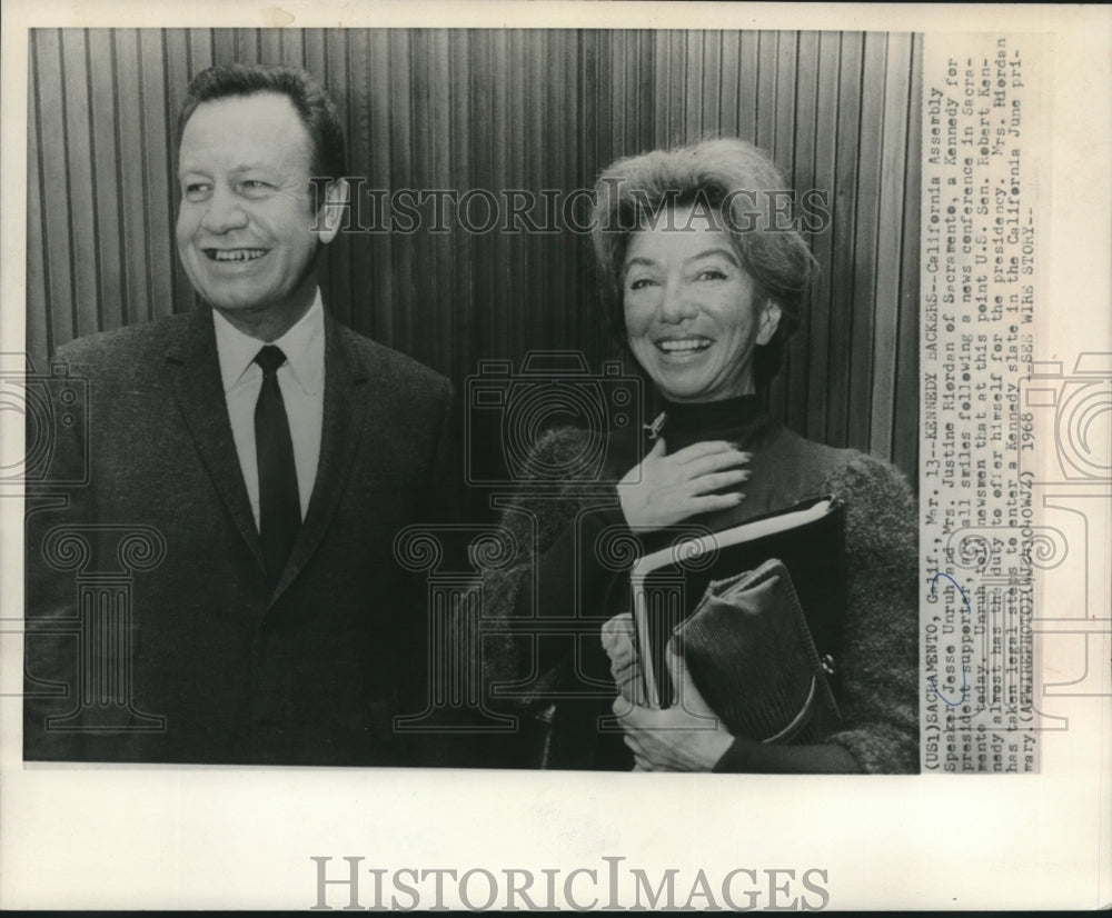 1968, Jesse Unruh and Justine Rierdan at news conference Sacramento - Historic Images