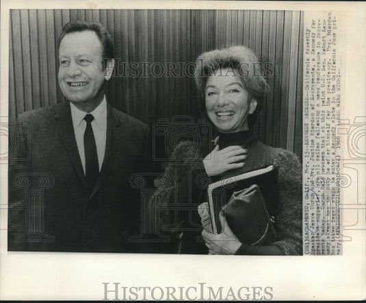 1968, Jesse Unruh and Justine Rierdan at news conference Sacramento - Historic Images