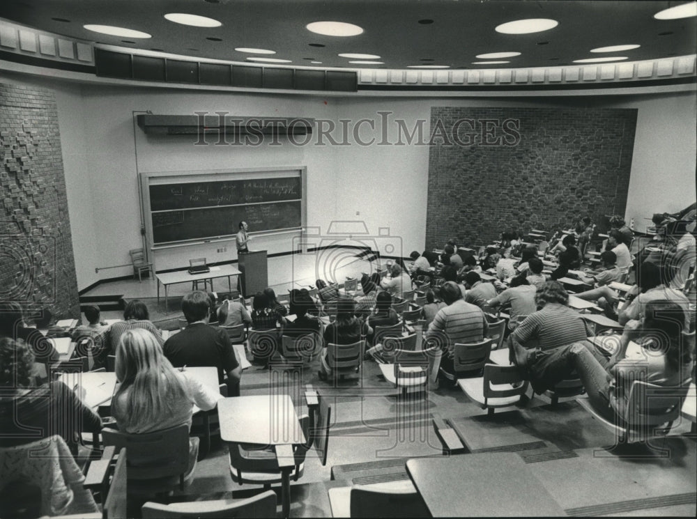 1971, Students in lecture hall at University of Wisconsin-Oshkosh. - Historic Images