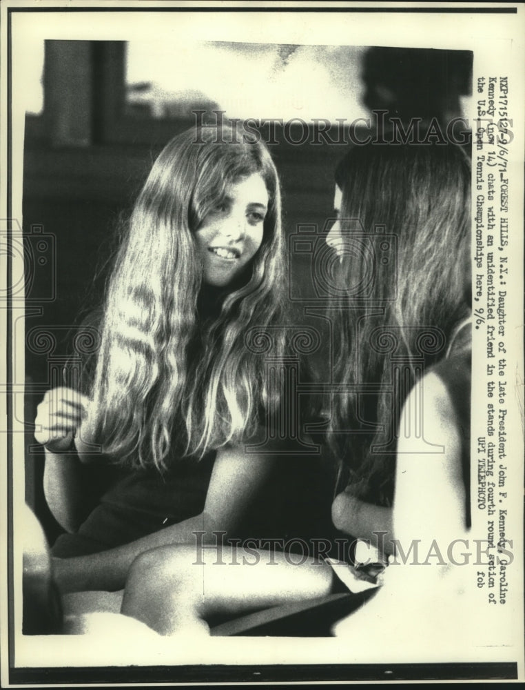 1971, Caroline Kennedy talking with friend at U.S. Open, New York. - Historic Images