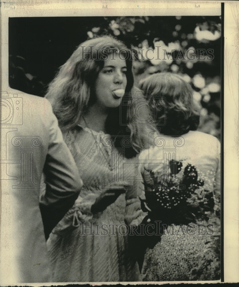1975 Press Photo Caroline Kennedy Blows Bubble at Concord Academy, Massachusetts - Historic Images